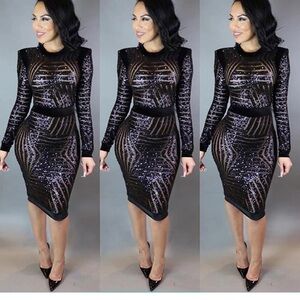 HOLT MIAMI Black Sequin settle see-through Long Sleeve Dress (A77)